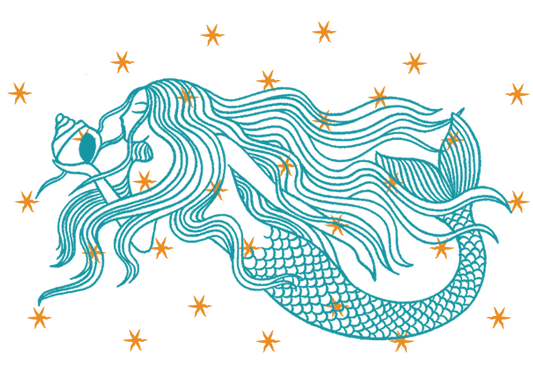 drawing of a mermaid with long wavy hair holding a shell, surrounded by gold stars